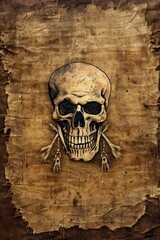 Torn Pirate flag with skull and cross bone on old fabric Vintage