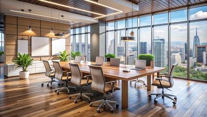 Modern office interior with empty presentation room, wooden desks, ergonomic chairs, whiteboard, and floor-to-ceiling windows, evoking a sense of productivity and innovation.