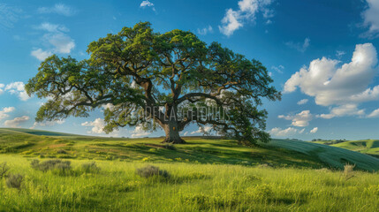 Obraz premium Majestic oak tree in a sprawling green meadow under a bright blue sky