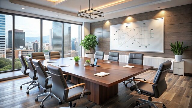 A modern, sleek boardroom table with empty chairs, a whiteboard with notes, and a projector screen displaying a business strategy diagram.