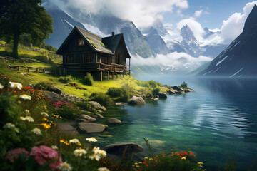 Fototapeta premium A small cabin in the middle of an endless mountains