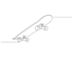 Continuous one line drawing of skateboard on street road. One line drawing illustration of skateboard. Extreme classic sport concept continuous line art. Editable outline.