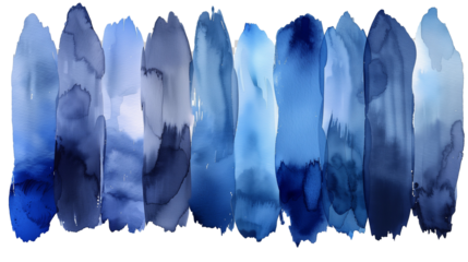 blue paint brush strokes in watercolor isolated against transparent.