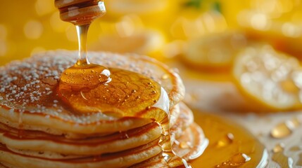 Pancakes Drizzled with Honey and Powdered Sugar