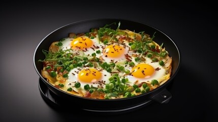 Omelette fried egg in a black frying pan