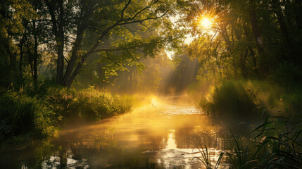 Mist rising from a forest river as the sun begins to set