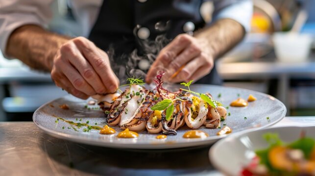 A chef presenting a beautifully plated dish of grilled squid with colorful garnishes, showcasing culinary creativity.