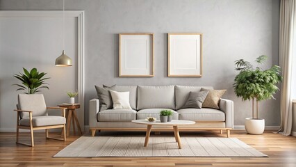 A sleek and stylish living room featuring minimalist decor, neutral tones