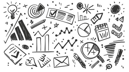 Playful Doodle Line Art Depicting a Business Plan with Ideas, Graphs, and Checkmarks, Illustrating