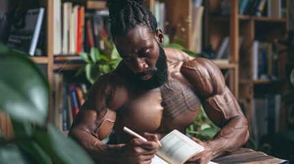 A muscular man with dreadlocks and a beard is sitting at a table in a home library, writing in a book.