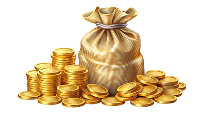 Set of golden coins bag on transparent background.