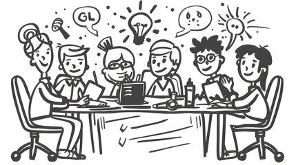 Diverse Business Team Brainstorming Strategies and Innovations in Illustrated Doodle Style