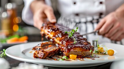 A chef presenting a gourmet dish of pork ribs with elegant plating and artistic garnishes.