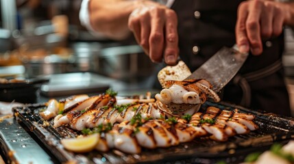 A chef slicing grilled squid into bite-sized pieces, arranging them on a platter for serving at a restaurant.