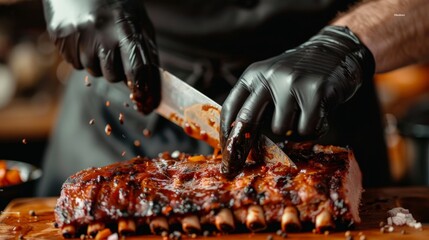 A chef slicing into a rack of smoked pork ribs, revealing tender meat falling off the bone.