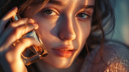 A portrait of a young woman with a serene expression, holding a perfume bottle near her face, bathed in soft, warm sunlight.