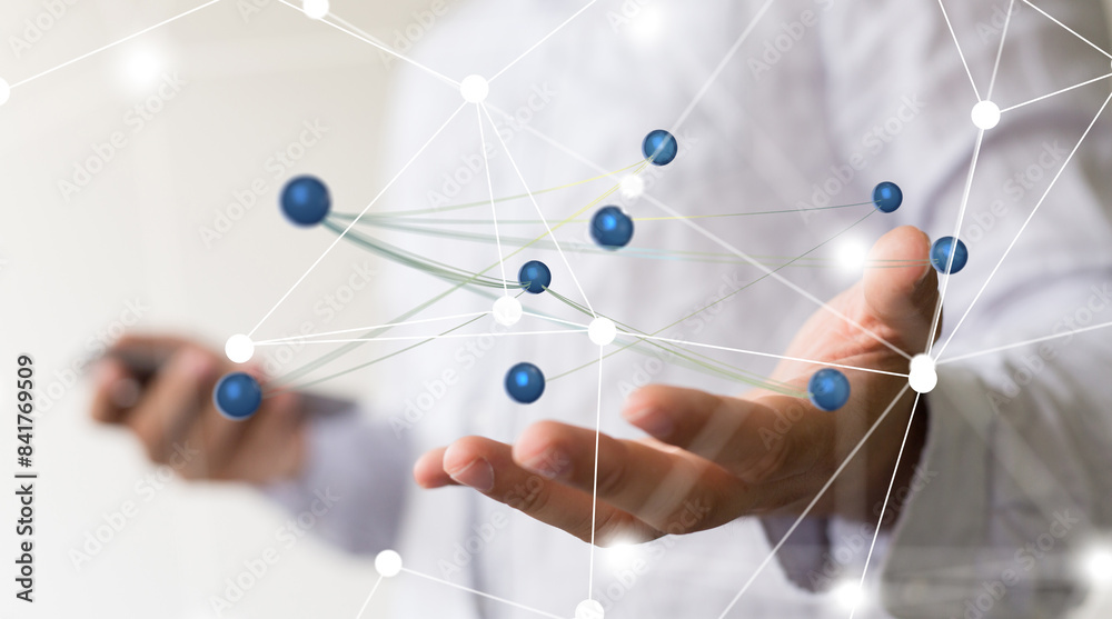 Poster Global network. Blockchain. 3D illustration. Neural networks and artificial intelligence. Abstract