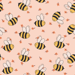 Seamless pattern with bees on color background. Small wasp. Vector illustration. Adorable cartoon character. Template design for invitation, cards, textile, fabric. Doodle style