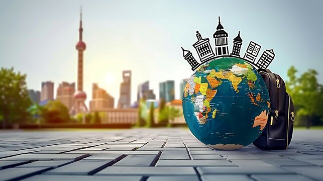  An inspiring concept image showcasing a globe surrounded by iconic international landmarks