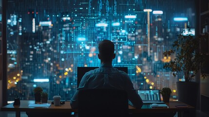 Blockchain developer working, holographic interface, modern office