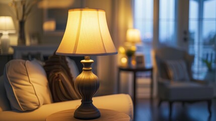 A classic table lamp with a fabric shade, placed on a side table in a cozy, well-decorated living room.
