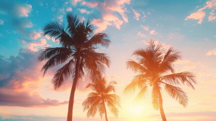 Obraz premium Palm trees swaying gently in the breeze against a tropical sunset
