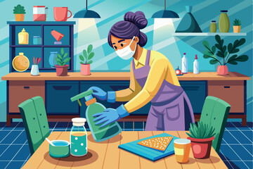 a girl cleaning the kitchen countertops. She is wearing gloves and an apron. the theme of cleanliness and the routine task of maintaining hygiene in the home.
