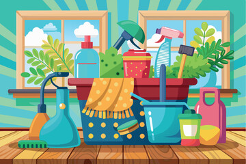 Obraz premium depicts various cleaning products. there is a bucket filled with bottles containing cleaning liquids.