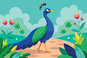 Fototapeta premium A peacock with a complex and open tail with many eyes on it. It stands on a path surrounded by lush greenery, flowers and trees.
