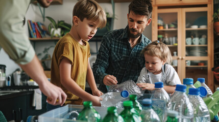 Parents teaching children about recycling at home