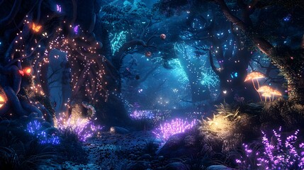 Enchanted Glow of a Mystical Woodland Landscape with Fantastical Flora and Fauna