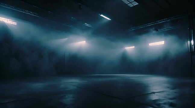 Abandoned empty warehouse with smoke and dramatic spotlights
