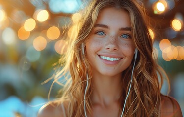 Fototapeta premium Happy young woman enjoys listening to music through headphones while walking down a bustling city street