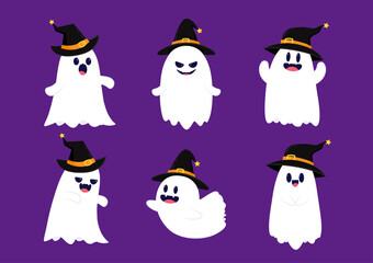 Cute ghost floating with Halloween pumpkin basket for Trick or Treat. Funny spooky boo character. Spook phantom with happy smiling face expression. Isolated kids flat vector illustration.