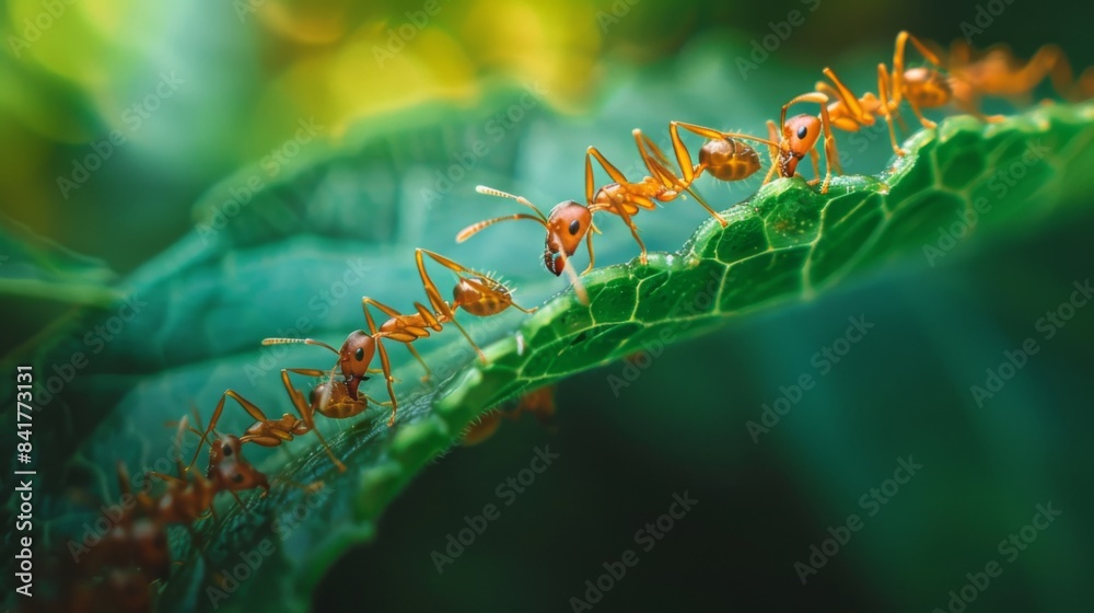 Poster a close-up of a line of ants marching across a green leaf, demonstrating their teamwork and organiza