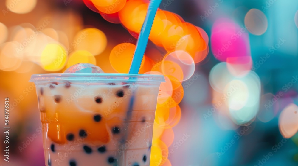 Poster A close-up of a refreshing cup of bubble milk tea with tapioca pearls, garnished with a colorful straw.