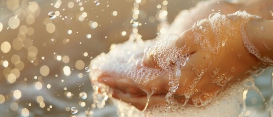 Fototapeta premium Close-up of hands washing with soap and water, creating bubbles and splashes. A representation of hygiene, cleanliness, and health.
