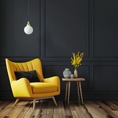  Living room interior has an yellow armchair on empty dark black wall background,Modern wooden living room,