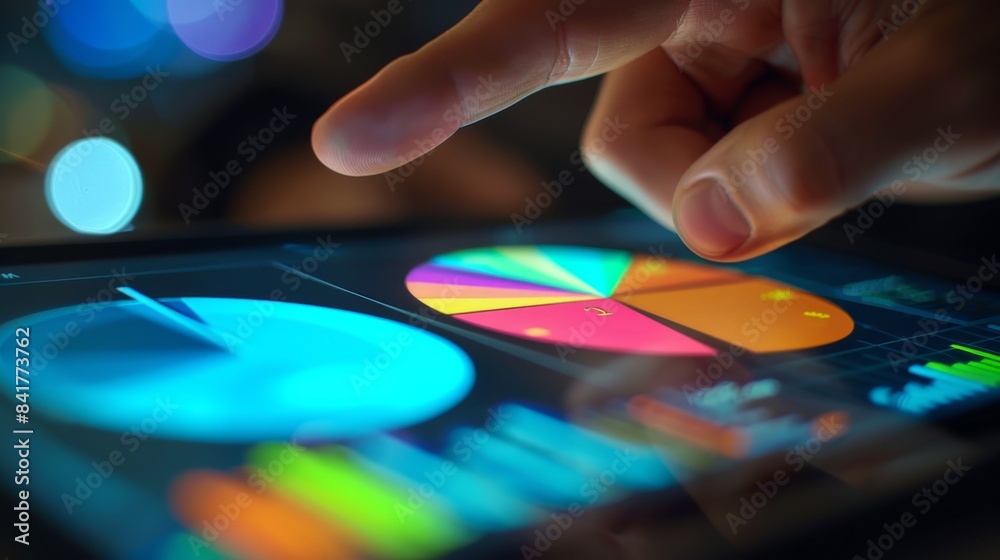 Aufkleber A close-up of a tablet displaying a colorful business pie chart, with a hand pointing at a segment.