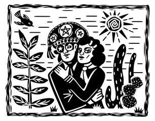 Lampiao and Maria Bonita. Bandits, folk heroes of Brazil. Brazilian cordel style. Northeast woodcut style