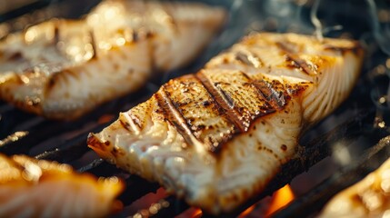 A close-up of fish fillets grilling on a hot barbecue grill, with grill marks forming as the fish cooks.