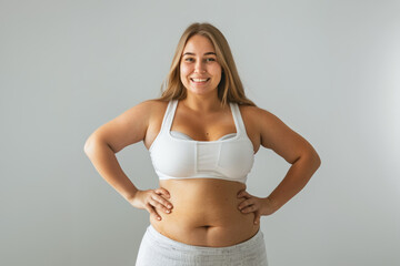 Obraz premium femme en surpoids en tenue de sport : legging et brassière, les mains sur les hanches