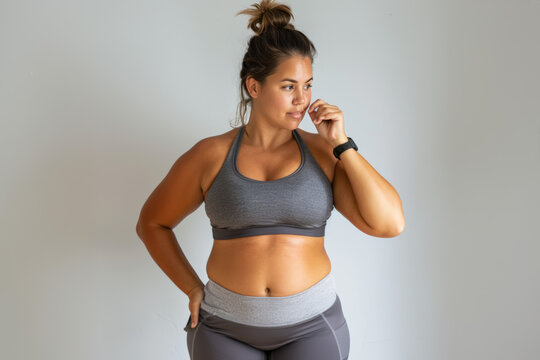 femme en surpoids en tenue de sport : legging et brassi&egrave;re, les mains sur les hanches