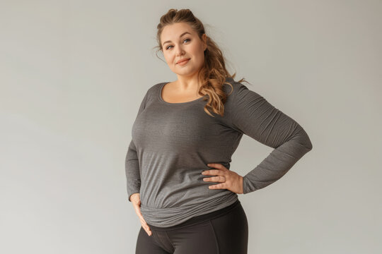 portrait studio d'une femme en surpoids posant les mains sur les hanches