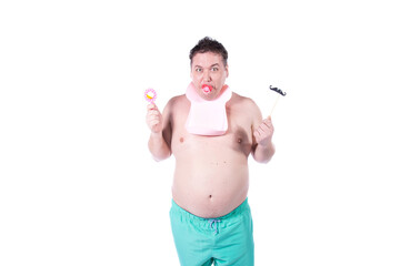 Mental problems. Funny fat man. White background.