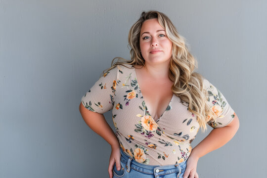 portrait studio d'une femme en surpoids posant les mains sur les hanches