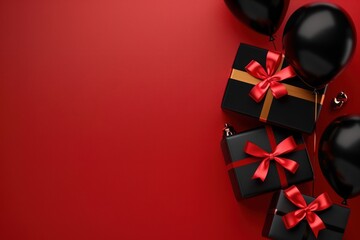 Black gift boxes with balloons on red