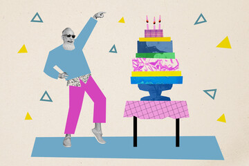 Sketch image composite trend photo collage of happy birthday celebration greeting card aged senior...