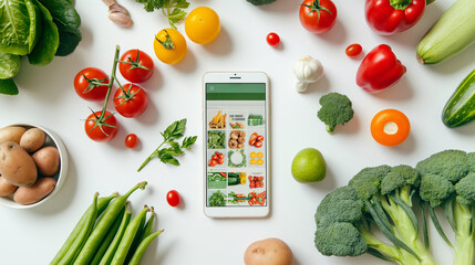 Smartphone surrounded by fresh fruits and vegetables on light background, concept online ordering