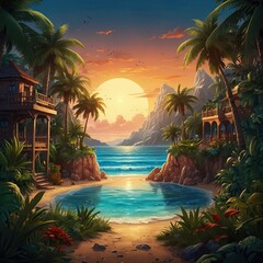 Fototapeta premium 3D Cartoon Paradise Dreamland Resort Nature Landscape